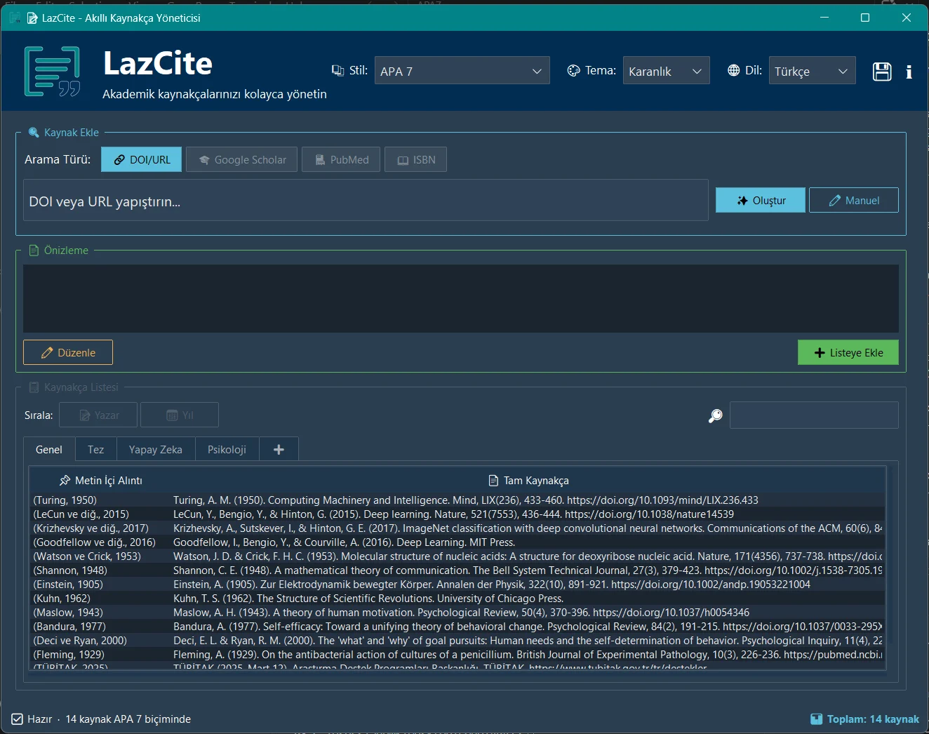 LazCite ana ekranı, kaynakça listesi APA 7 biçiminde