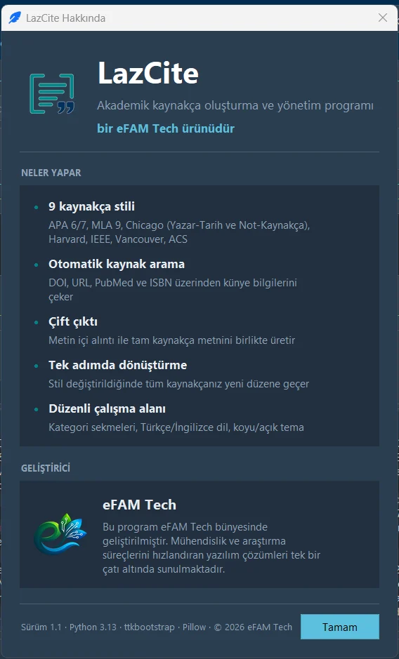 LazCite hakkında penceresi