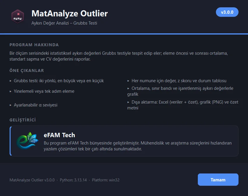 MatAnalyze Outlier hakkında penceresi